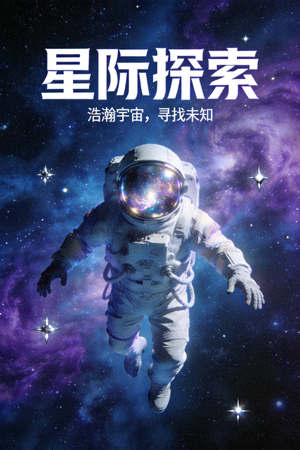 科幻太空电影海报，宇航员在星空背景下